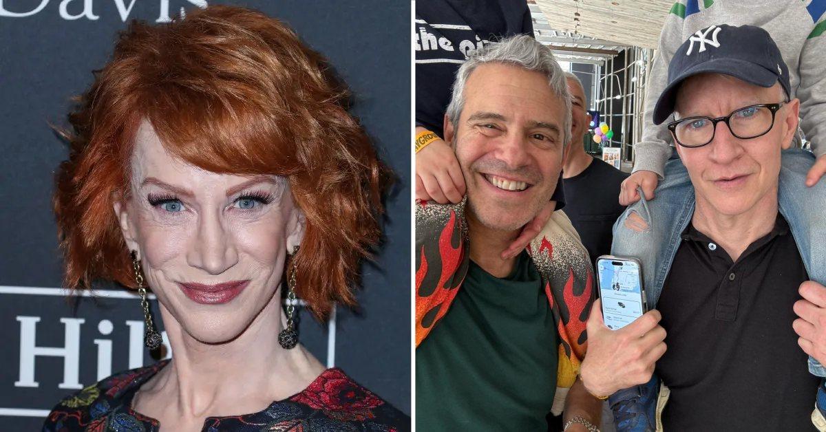 A picture of Kathy Griffin and a photo of Andy Cohen with Anderson Cooper.